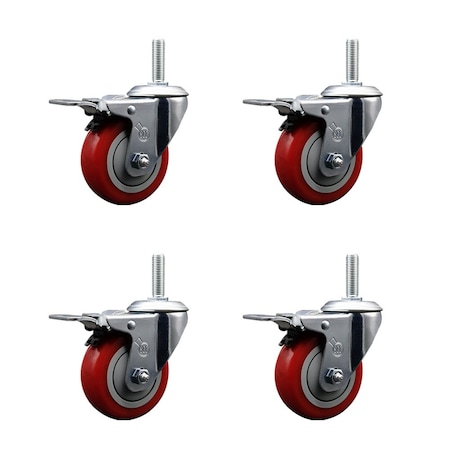 Service Caster 35 Inch Red Polyurethane Swivel 34 Inch Threaded Stem Caster Set with Total Lock Brake SCC-TSTTL20S3514-PPUB-RED-34212-4